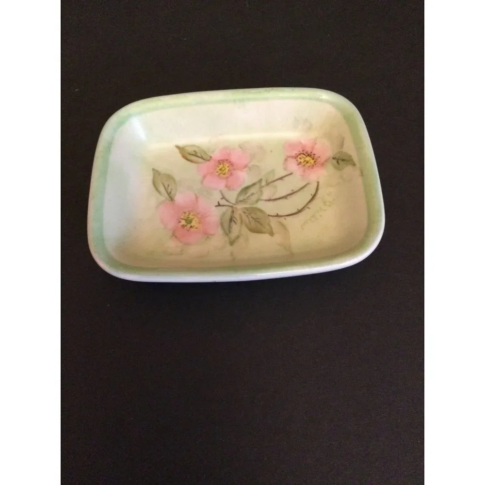 Vintage HALL ceramic soap dish signed J Midler floral pastels green pink 1730